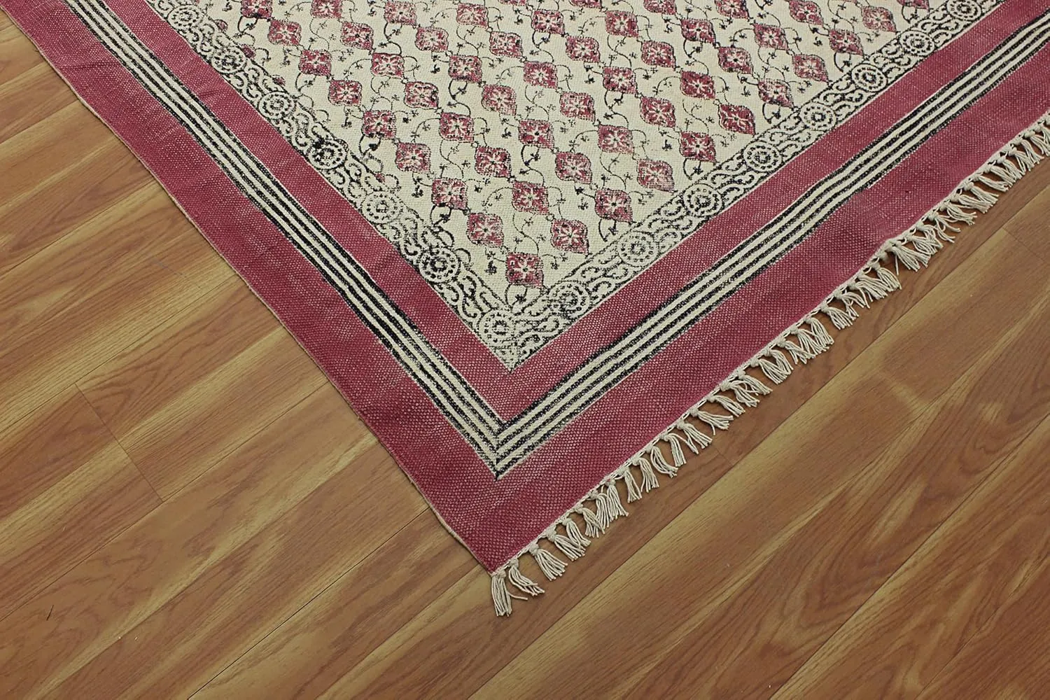Area Rug 10x14 Feet Pink & Beige Cotton Kilim Dhurrie Floral Thick 5 mm Indoor/Outdoor