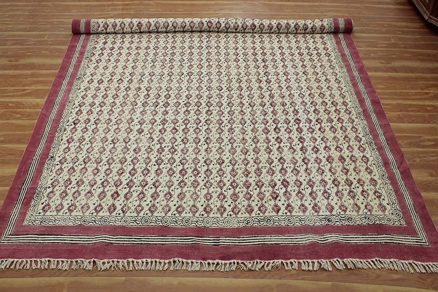 Area Rug 10x14 Feet Pink & Beige Cotton Kilim Dhurrie Floral Thick 5 mm Indoor/Outdoor