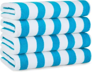Arkwright Cali Cabana Stripe Beach Towel - Pack of 4 - Soft 100% Cotton Lightweight Quick Dry Terry Towels Set for Pool, Swim, and Hot Tub, 30 x 60 in, Blue