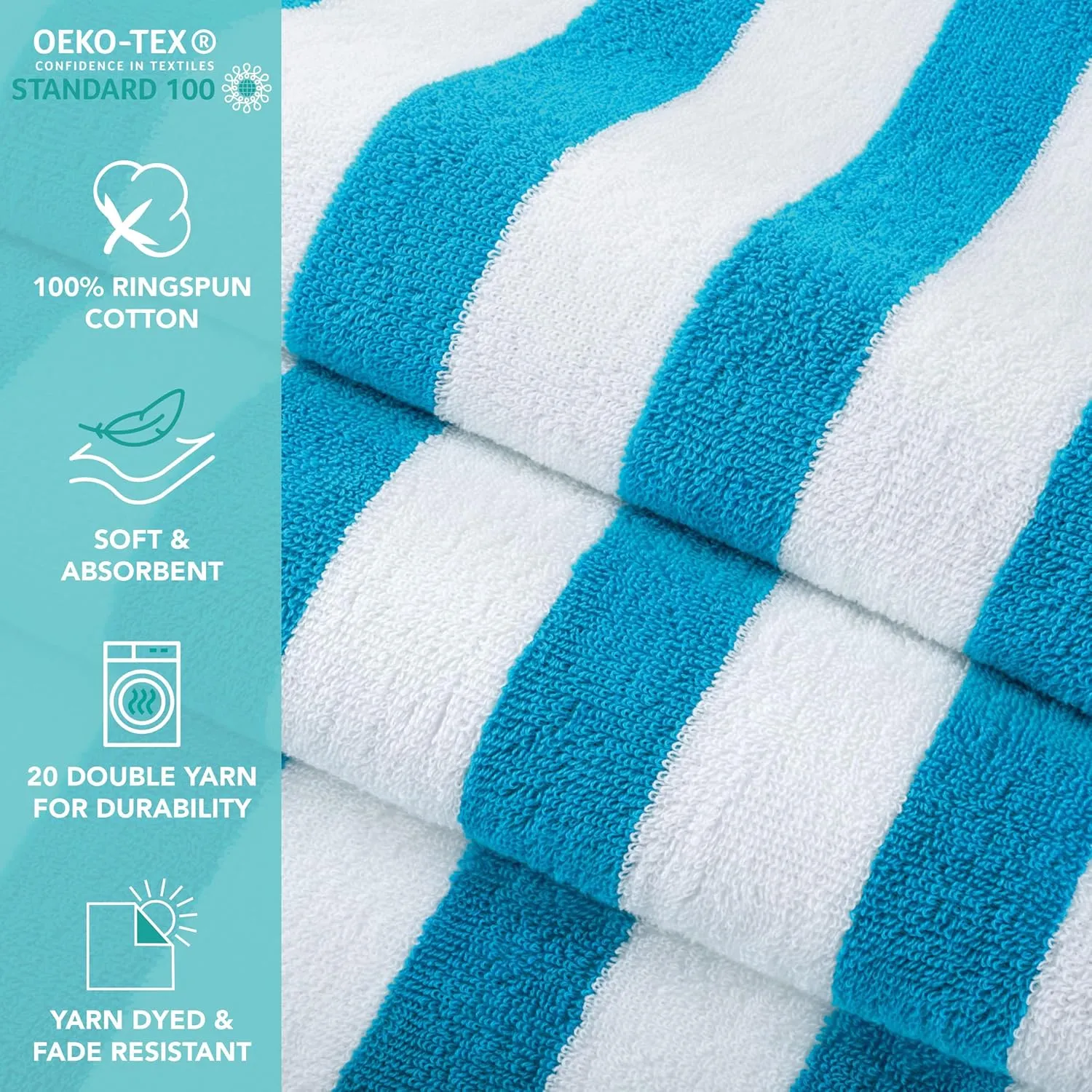 Arkwright Cali Cabana Stripe Beach Towel - Pack of 4 - Soft 100% Cotton Lightweight Quick Dry Terry Towels Set for Pool, Swim, and Hot Tub, 30 x 60 in, Blue