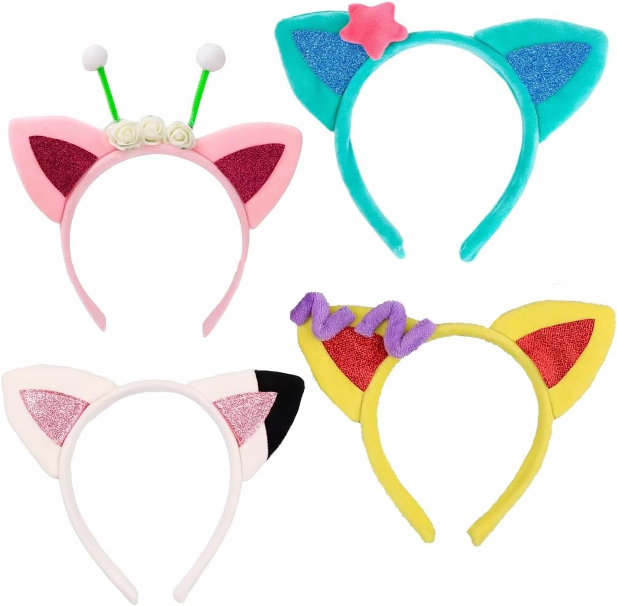 Atvscay 4pcs Plush Cat Ears Headbands, Dollhouse Birthday Party Accessories, Kitty Headwear Girls Halloween Supplies
