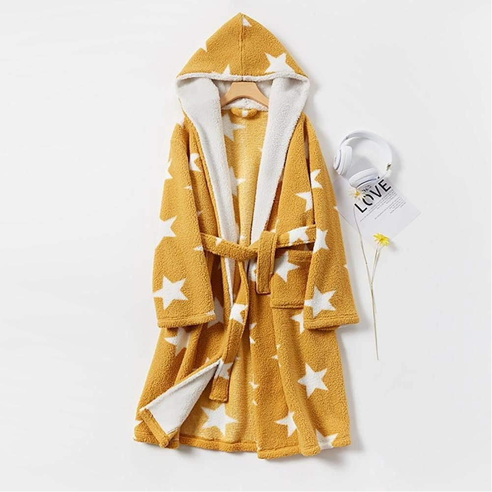 Autumn and Winter Warmth and Thick Coral Fleece Robe Printed Hood