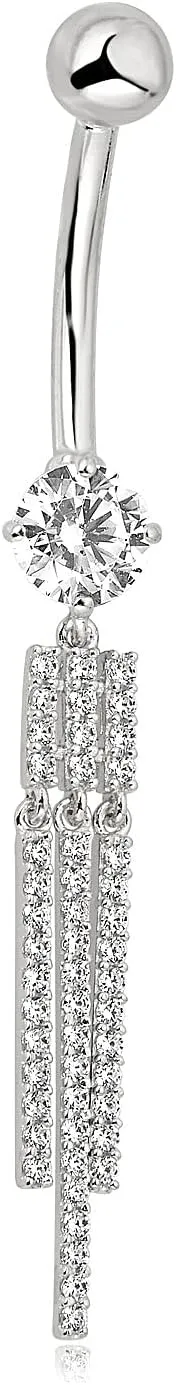 AVORA 10K Gold Simulated Diamond CZ Tassel Dangle Belly Button Ring Body Jewelry (14 Gauge)