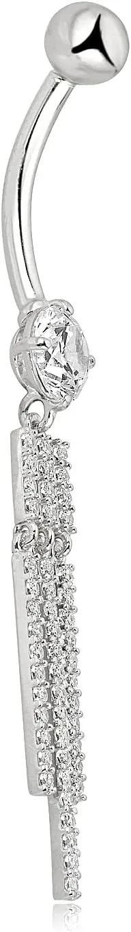 AVORA 10K Gold Simulated Diamond CZ Tassel Dangle Belly Button Ring Body Jewelry (14 Gauge)