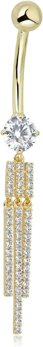AVORA 10K Gold Simulated Diamond CZ Tassel Dangle Belly Button Ring Body Jewelry (14 Gauge)