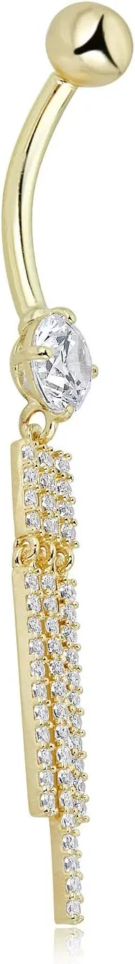 AVORA 10K Gold Simulated Diamond CZ Tassel Dangle Belly Button Ring Body Jewelry (14 Gauge)