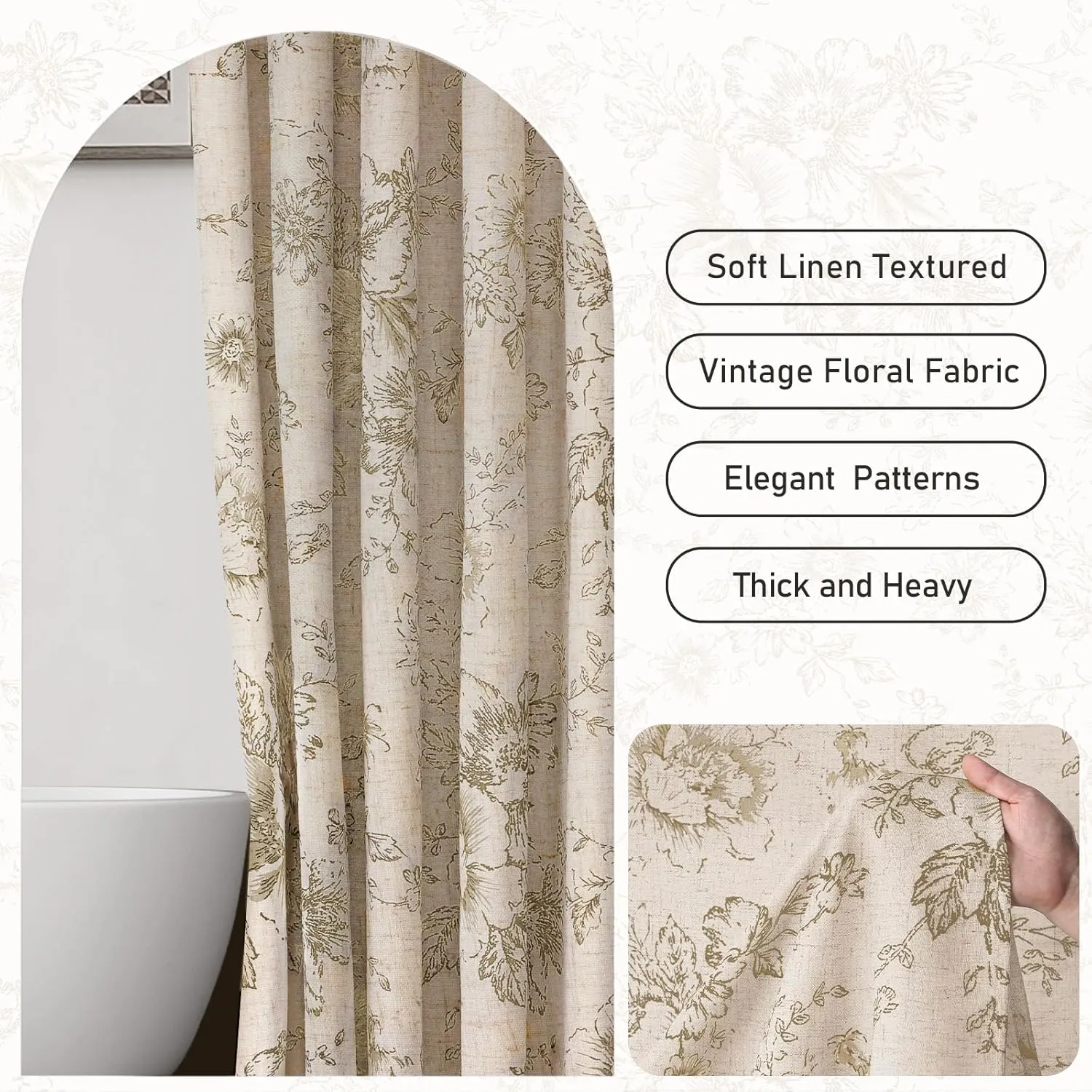 Awellife Farmhouse Vintage Shower Curtain Beige Pattern Floral Linen Rustic Tattoo Shower Curtains for Bathroom, Tan Taupe, 72 Wx72 L