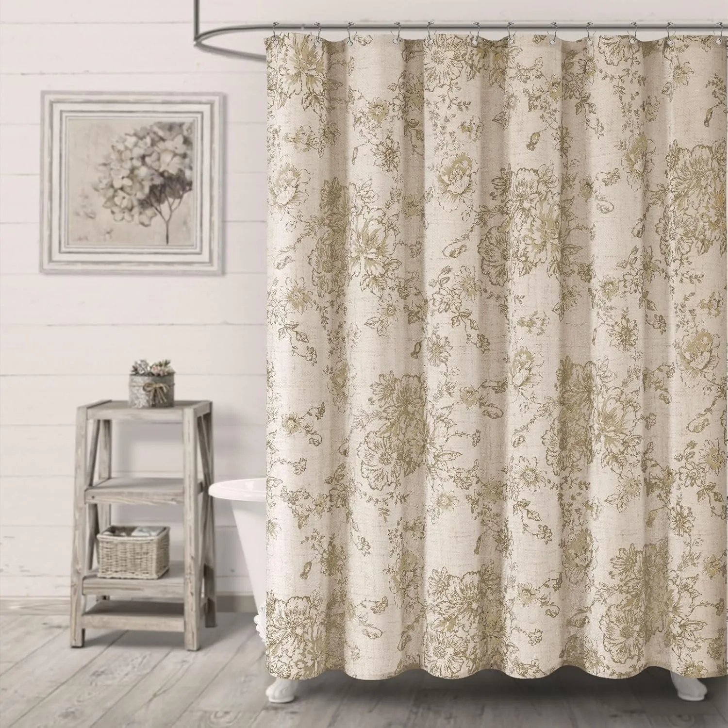Awellife Farmhouse Vintage Shower Curtain Beige Pattern Floral Linen Rustic Tattoo Shower Curtains for Bathroom, Tan Taupe, 72 Wx72 L