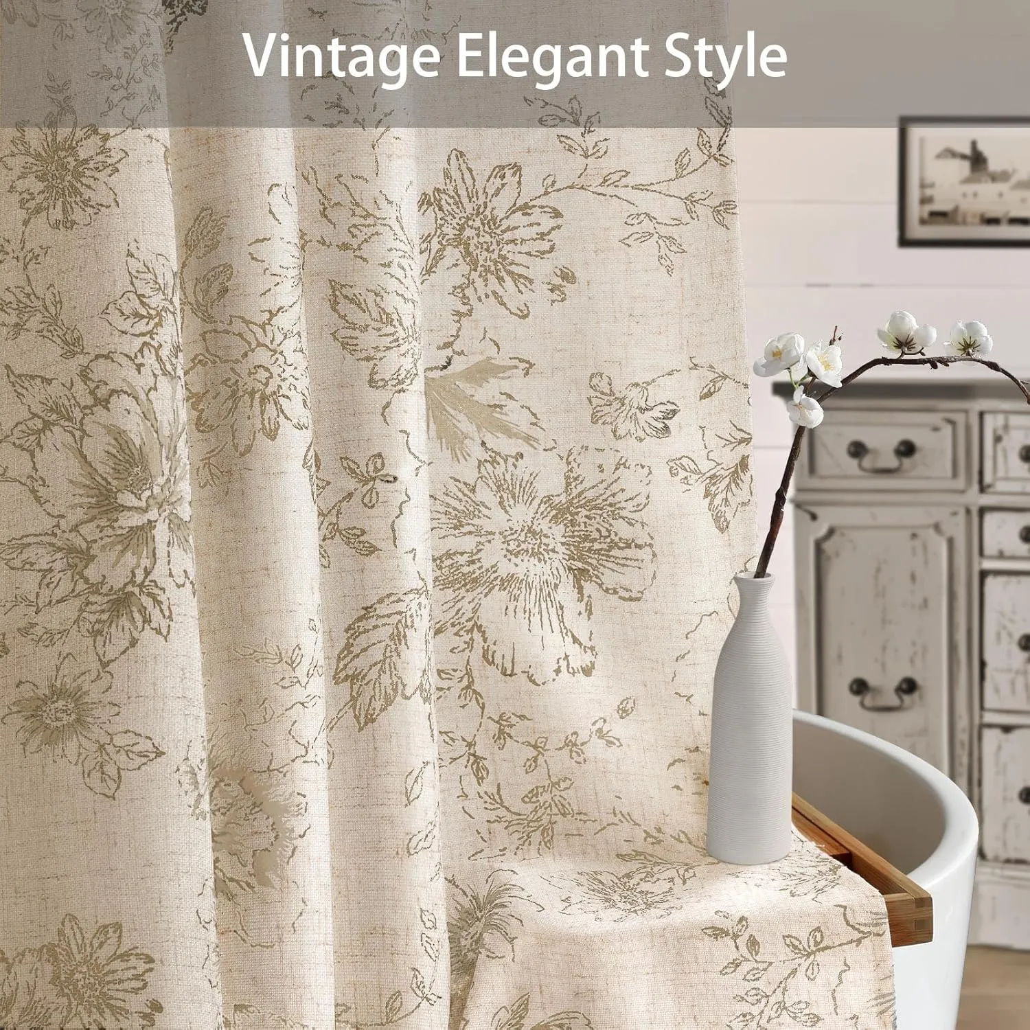 Awellife Farmhouse Vintage Shower Curtain Beige Pattern Floral Linen Rustic Tattoo Shower Curtains for Bathroom, Tan Taupe, 72 Wx72 L