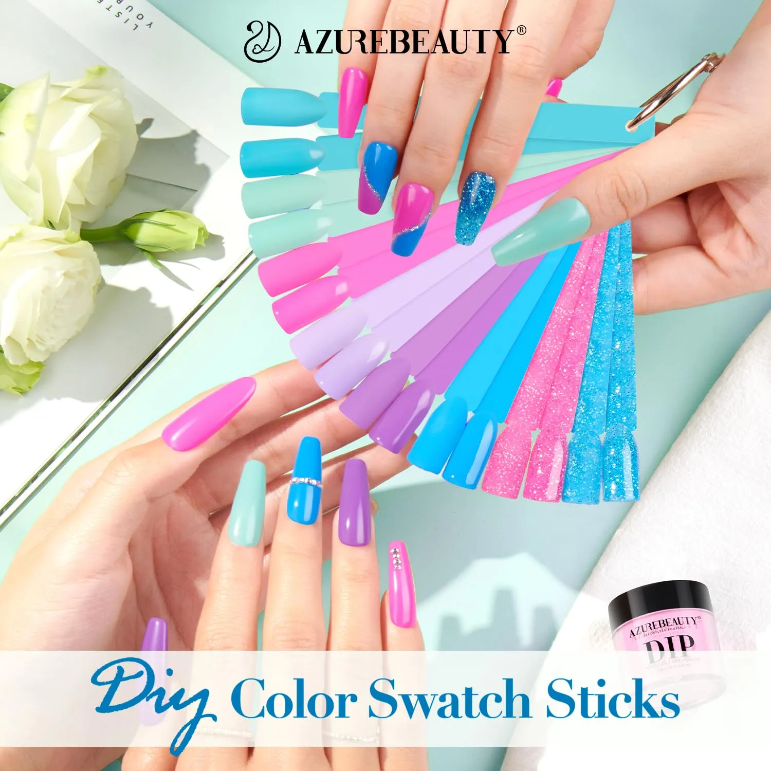 AZUREBEAUTY Dip Nail Powder Starter Kit with Matte Coat, 8 Colors Hot Pink Blue Purple Glitter Spring Dipping Powder Liquid Set with Base/Top Coat Activator 10 Nail Sticks for French Manicure