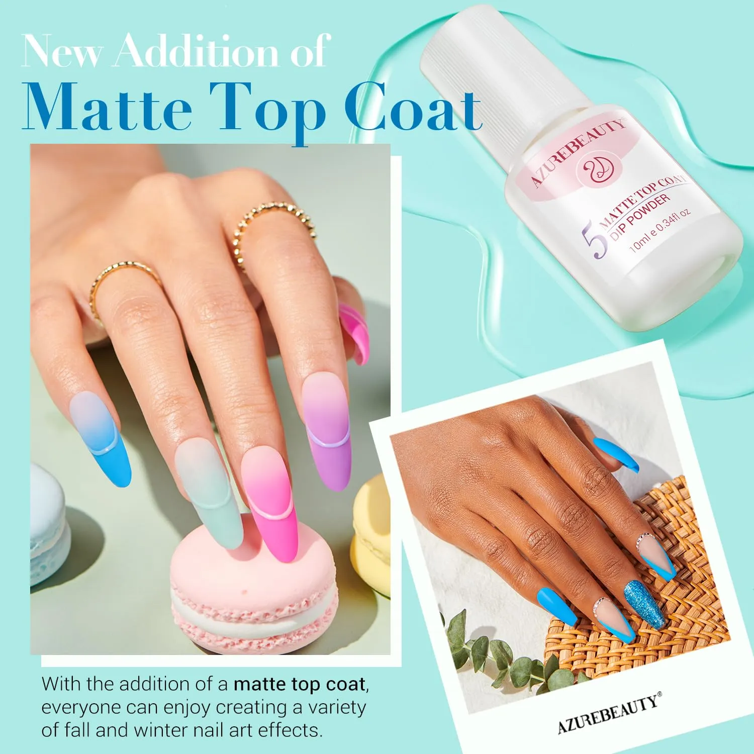 AZUREBEAUTY Dip Nail Powder Starter Kit with Matte Coat, 8 Colors Hot Pink Blue Purple Glitter Spring Dipping Powder Liquid Set with Base/Top Coat Activator 10 Nail Sticks for French Manicure