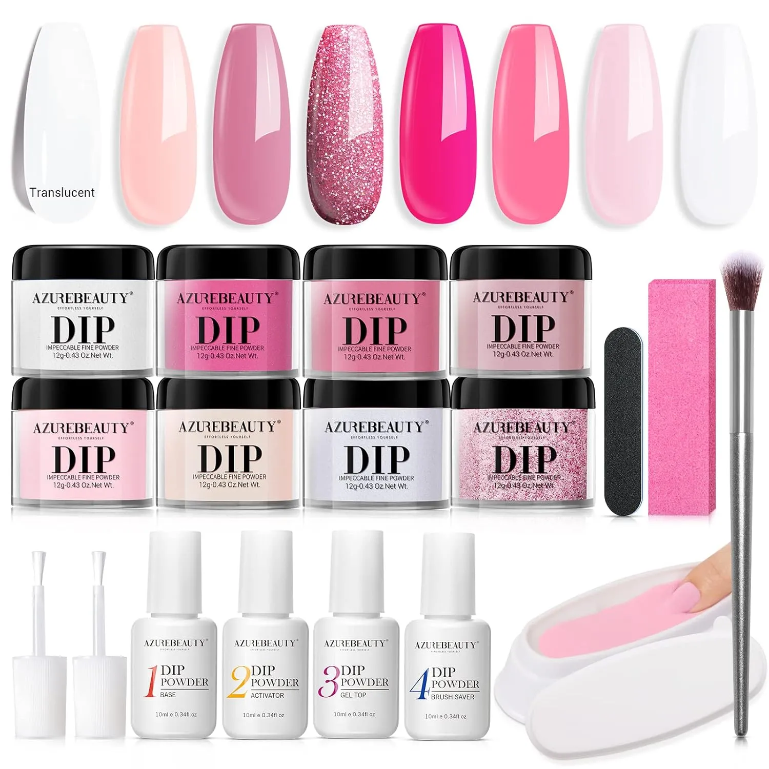 AZUREBEAUTY Dip Powder Nail Kit Starter, Misty Rose Ruddy Pink Nude Translucent White Dipping Powder System Essential Professional Liquid Set with Top/Base Coat for Gift Nail Manicure DIY Salon