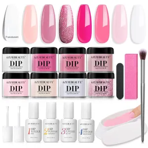 AZUREBEAUTY Dip Powder Nail Kit Starter, Misty Rose Ruddy Pink Nude Translucent White Dipping Powder System Essential Professional Liquid Set with Top/Base Coat for Gift Nail Manicure DIY Salon