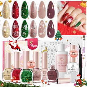AZUREBEAUTY Christmas Nail Polish Set 6 Colors Glitter Nude Red Brown Green Gold Quick Dry with Top Coat & Fall Nail Polish Remover Vegan Long Lasting Sheer
