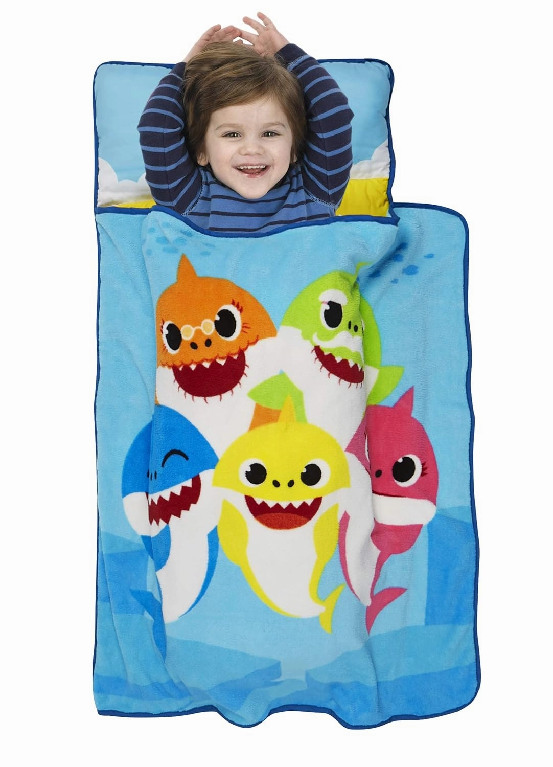 Baby Shark Toddler Nap Mat - Includes Removable Pillow and Plush Blanket – Great for Boys and Girls Napping at Daycare, Preschool, Or Kindergarten - Fits Sleeping Toddlers and Young Children, Blue