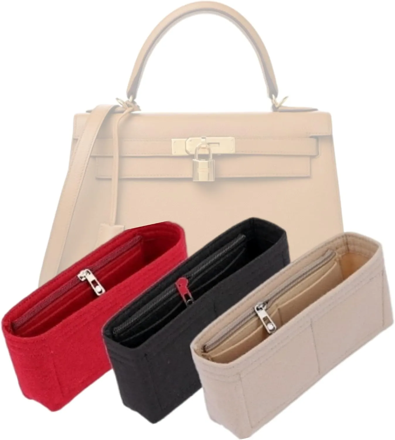Bag Organizer for Hermes Kelly 25 Handbag (25L x 19H x 9D cm)|Handmade Custom Bag Insert|2mm Felt Bag Liner|Women Handbag Shaper (Brown, Style B: Side Zipper)