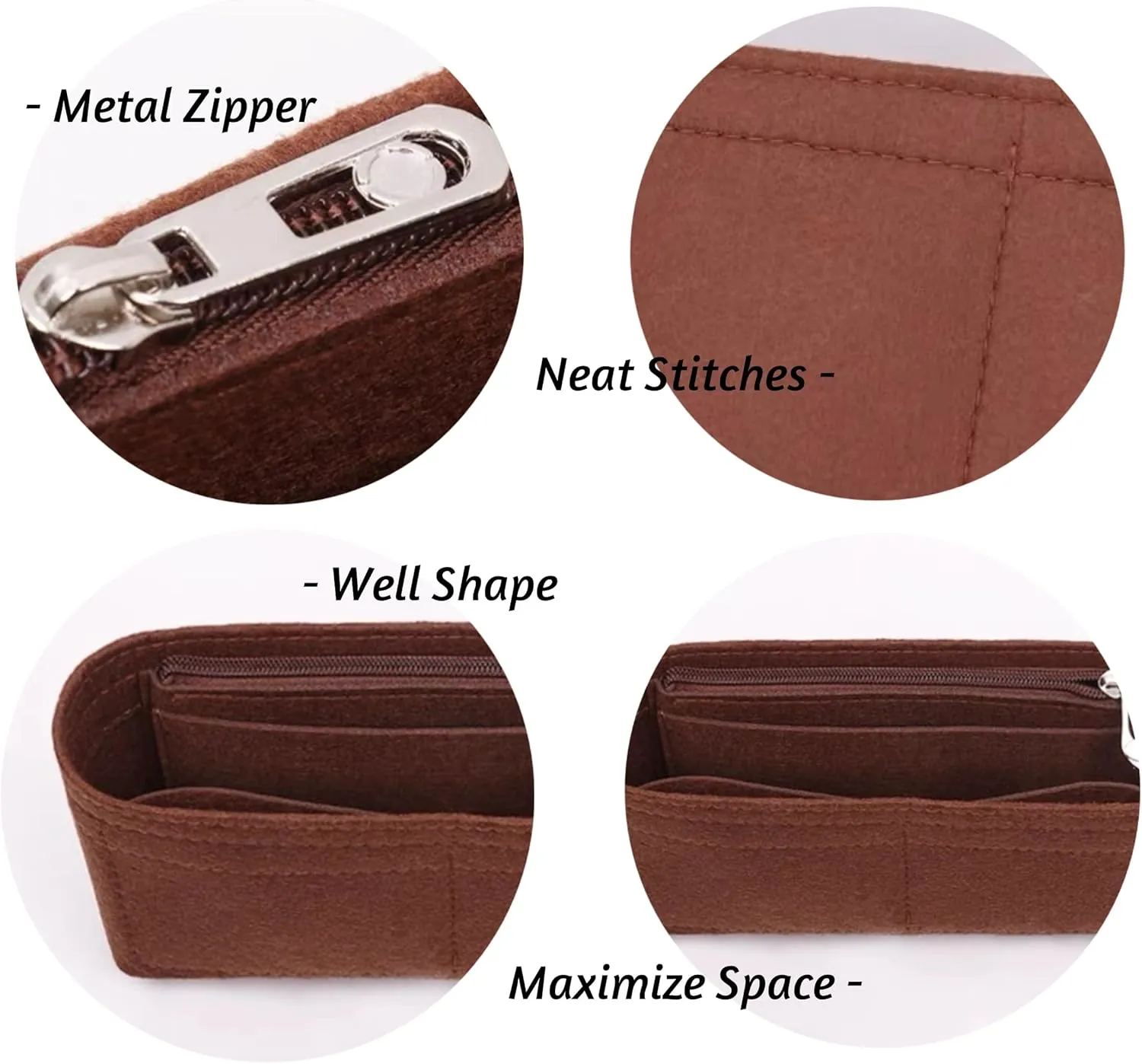 Bag Organizer for Hermes Kelly 25 Handbag (25L x 19H x 9D cm)|Handmade Custom Bag Insert|2mm Felt Bag Liner|Women Handbag Shaper (Brown, Style B: Side Zipper)