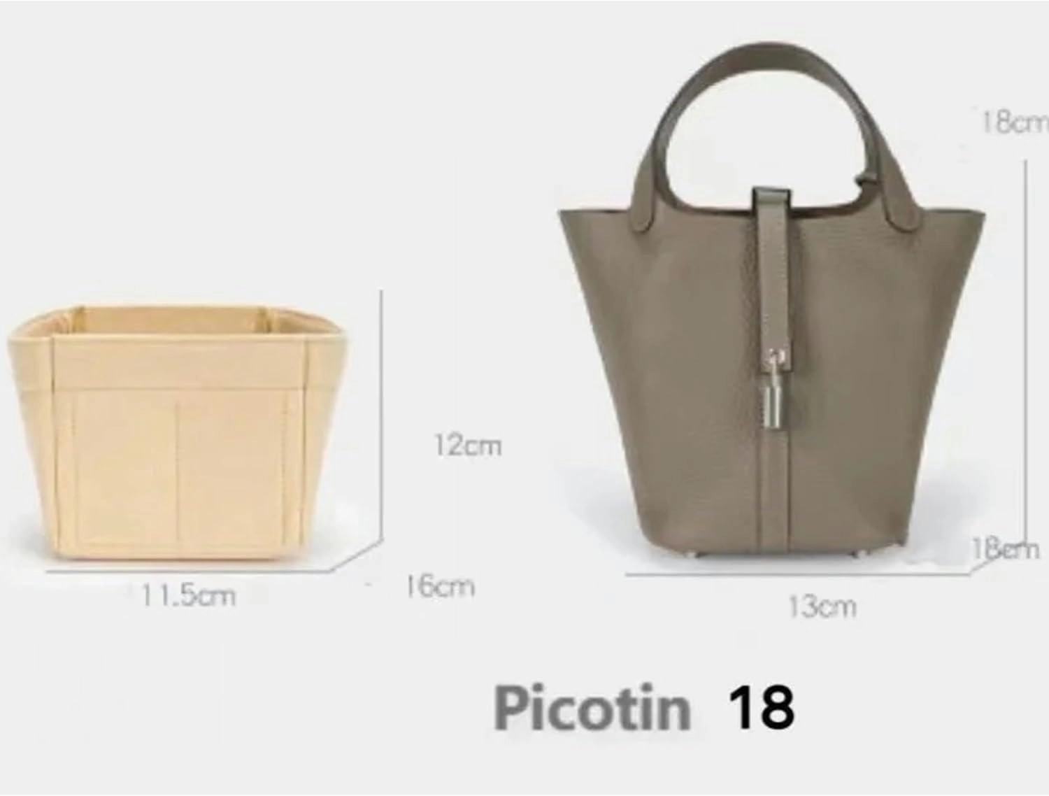 Bag Organizer for Hermes Picotin PM 18 (13L x 18H x 18D cm)|Handmade Custom Bag Insert|2mm Felt Bag Liner|Women Handbag Shaper (Brown, Style B: Zipper Cap)
