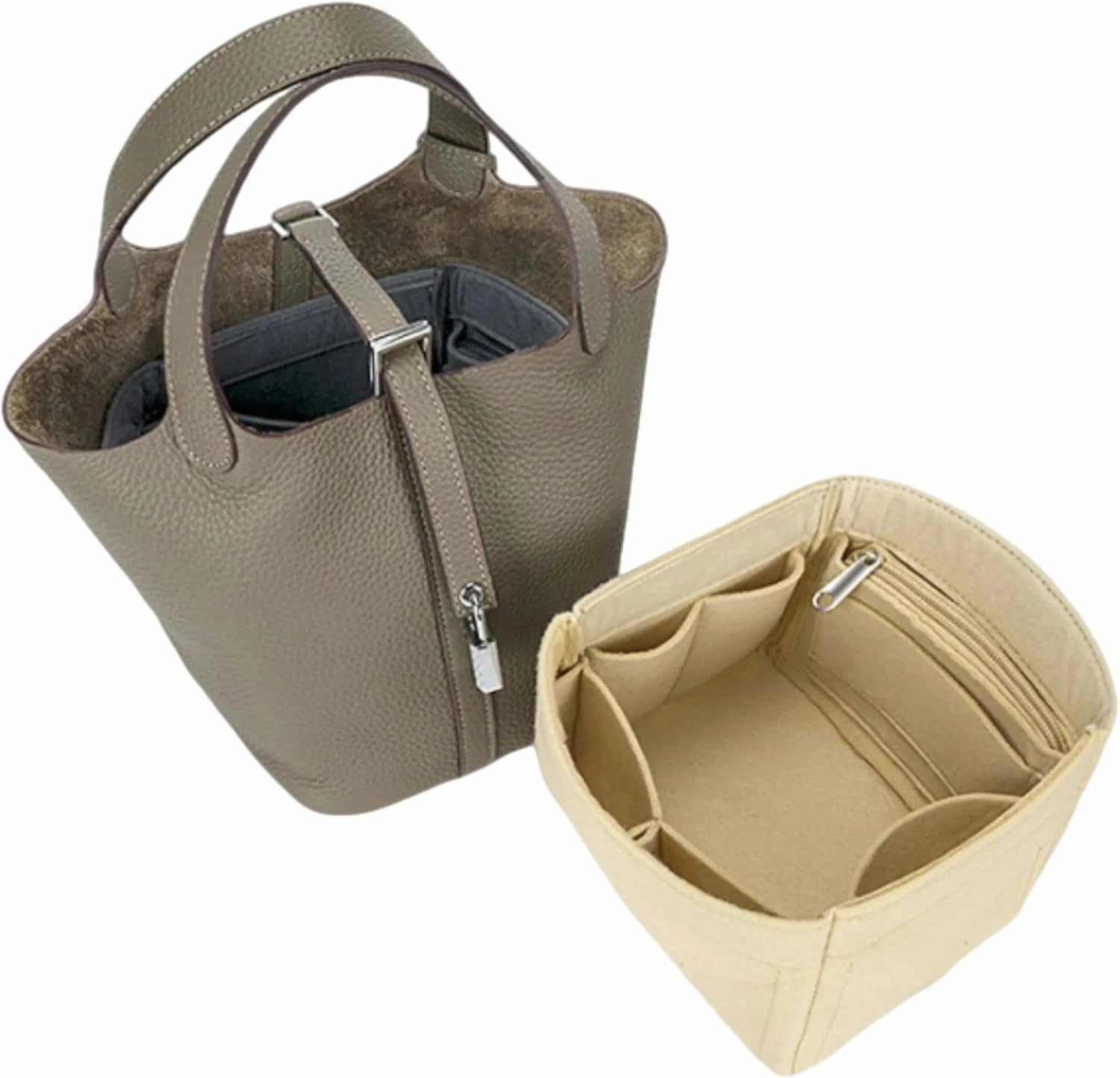 Bag Organizer for Hermes Picotin PM 18 (13L x 18H x 18D cm)|Handmade Custom Bag Insert|2mm Felt Bag Liner|Women Handbag Shaper (Brown, Style B: Zipper Cap)