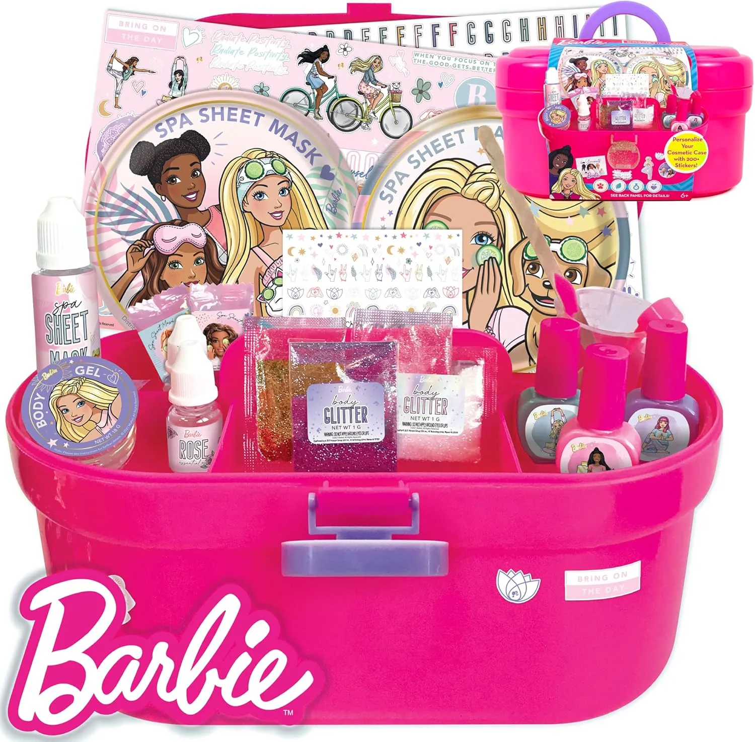 Barbie Cosmetic Case by Horizon Group USA, DIY Beauty Kit for an at-Home Spa Day, Create Your Own Face Sheet Masks, Nail Art & Body Glitter, Includes Reusable Storage Case with Removable Tray