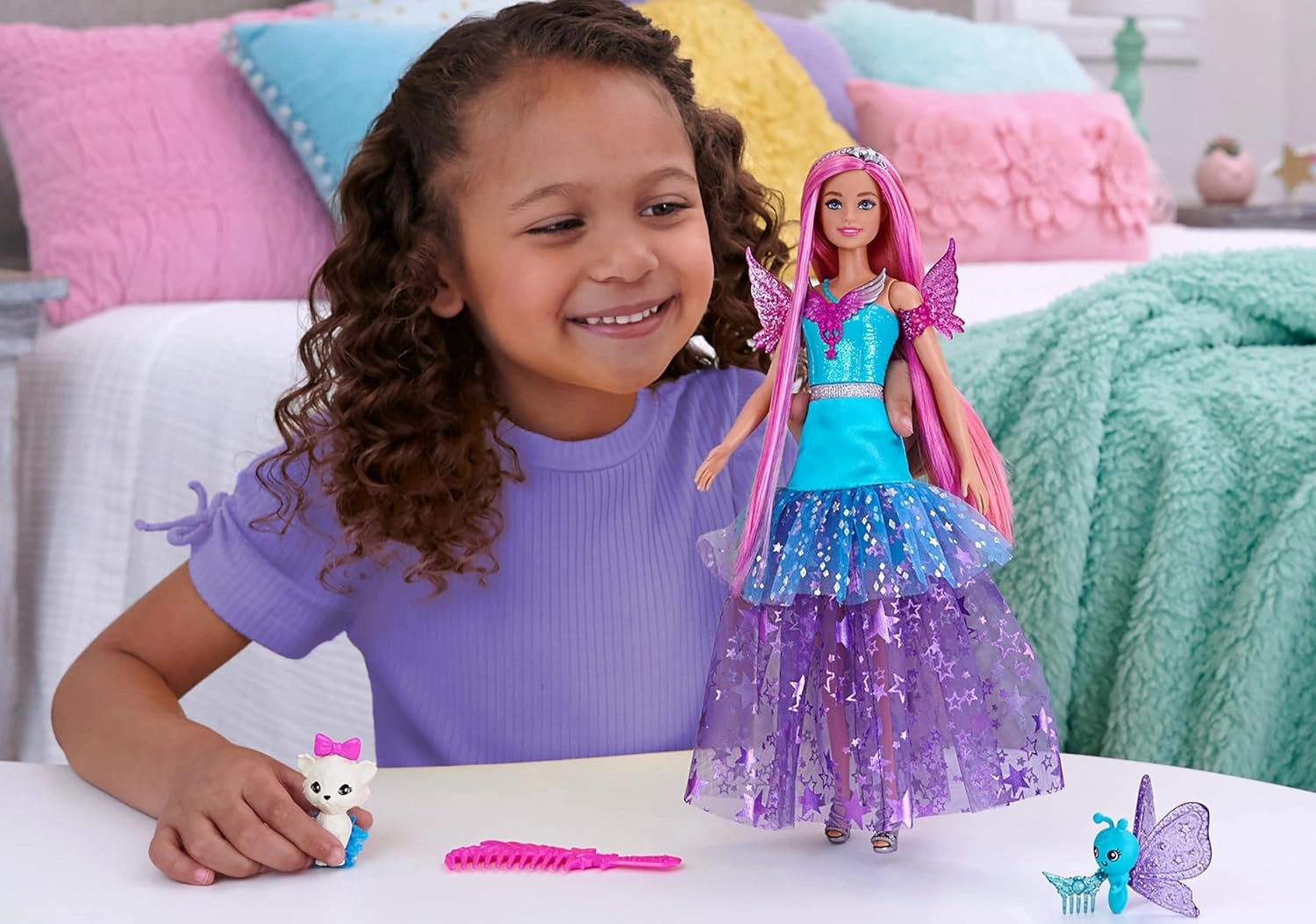 Barbie Doll with 2 Fantasy Pets & Dress, Malibu” Doll from a Touch of Magic, 7-inch Long Hair