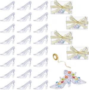 Barydat 36 Pcs Mini Crystal Princess Slippers Plastic High Heels Decoration, 36 Pcs Transparent Gift Boxes with Gold Ribbon, Party Wedding Birthday Candy Gift Supplies Table Decoration