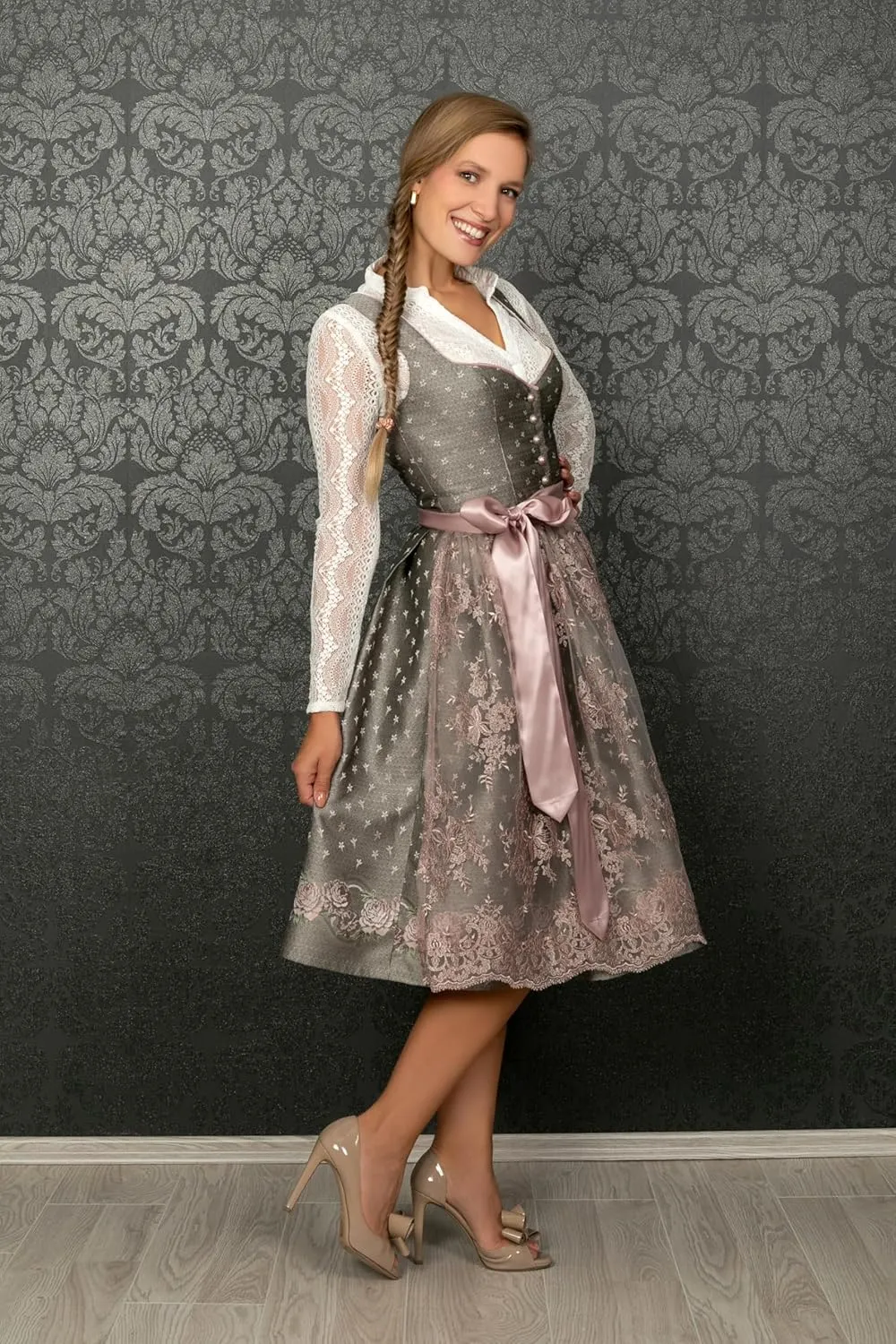 Bavarian Women's Designer Midi Dirndl Claire Dress 2-Pieces   Apron Size US2-US24