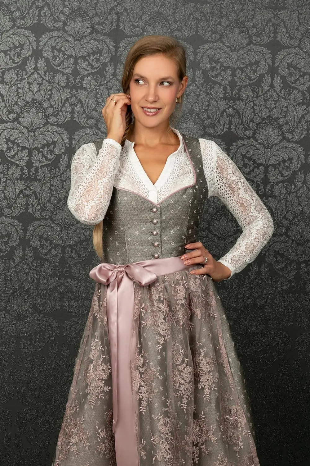 Bavarian Women's Designer Midi Dirndl Claire Dress 2-Pieces   Apron Size US2-US24
