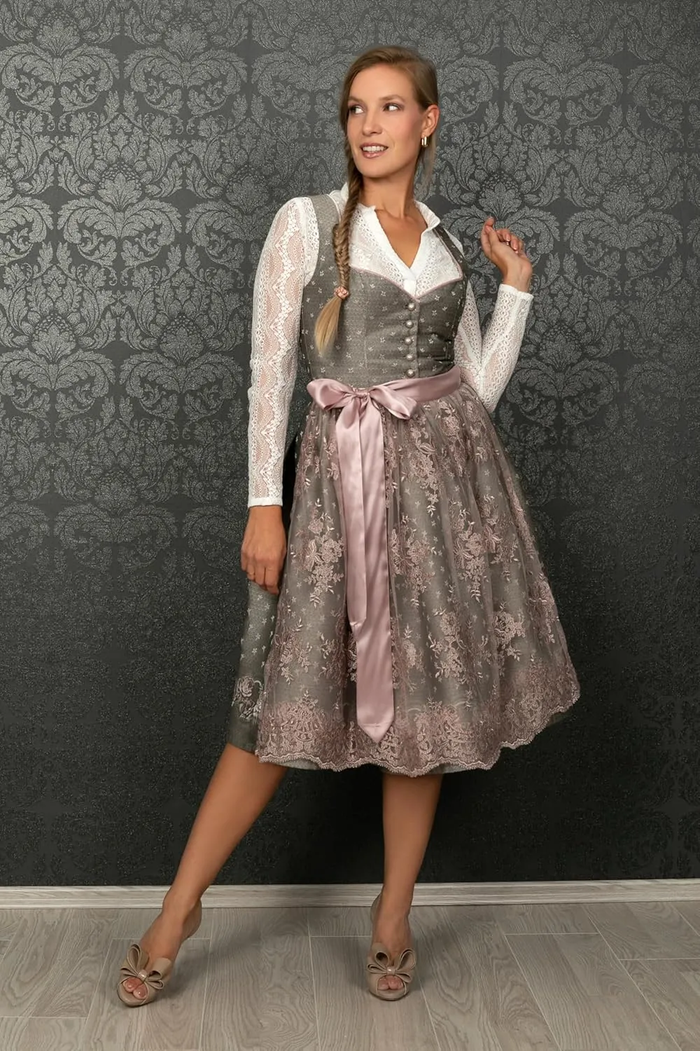 Bavarian Women's Designer Midi Dirndl Claire Dress 2-Pieces   Apron Size US2-US24