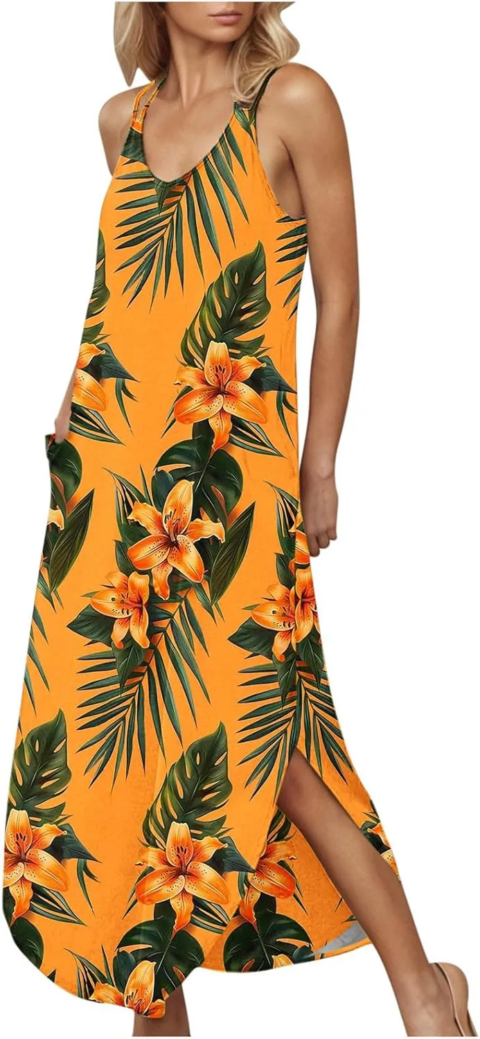 Beach Dresses for Women 2025 Vacation Spring Boho Floral Long Sundress Summer Flowy Sleeveless Casual Maxi Dress