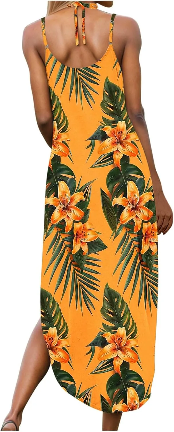 Beach Dresses for Women 2025 Vacation Spring Boho Floral Long Sundress Summer Flowy Sleeveless Casual Maxi Dress