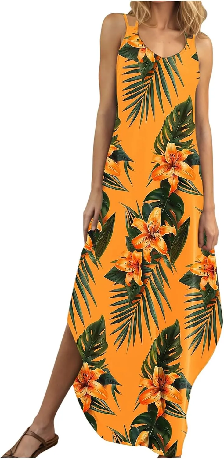 Beach Dresses for Women 2025 Vacation Spring Boho Floral Long Sundress Summer Flowy Sleeveless Casual Maxi Dress