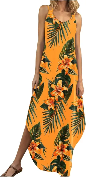 Beach Dresses for Women 2025 Vacation Spring Boho Floral Long Sundress Summer Flowy Sleeveless Casual Maxi Dress