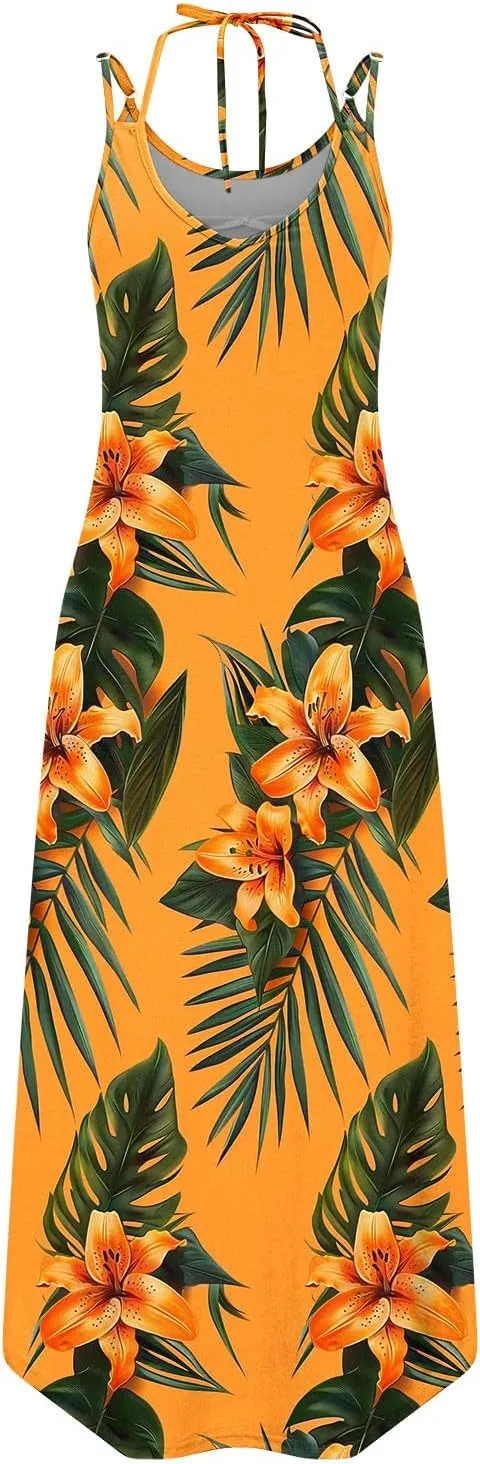Beach Dresses for Women 2025 Vacation Spring Boho Floral Long Sundress Summer Flowy Sleeveless Casual Maxi Dress