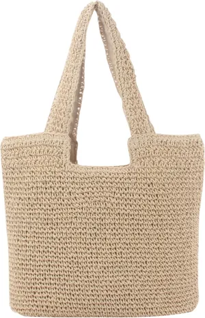 Beach Tote Bag for Women Weaving Casual Retro Bag with Zipper Closure Soft Large Shoulder Handbag Purse for Summer Travel Vacation Shopping Picnic Swim (Beige)