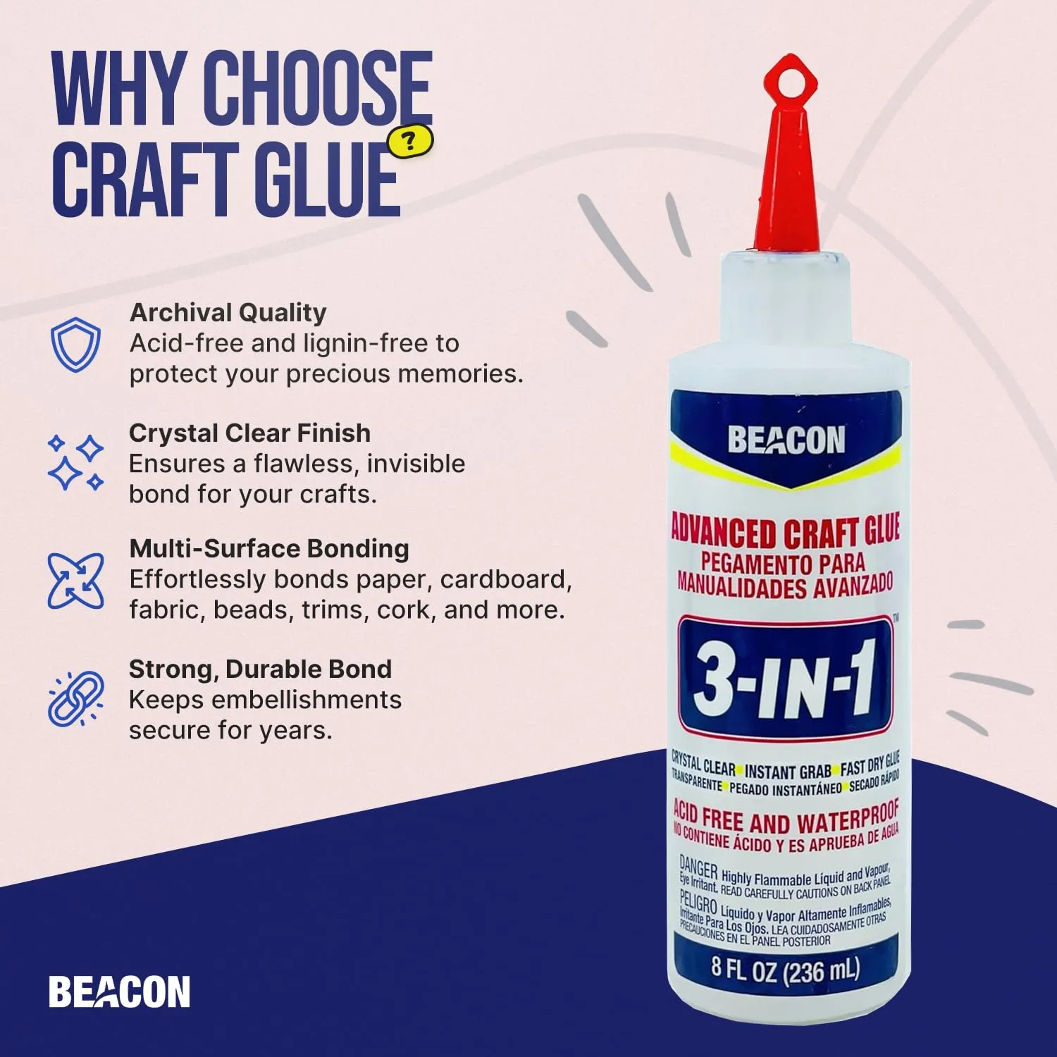 BEACON 3-in-1 Advanced Craft Glue - Fast-Drying, Crystal Clear Adhesive for Wood, Ceramics, Fabrics, and More, 8-Ounce