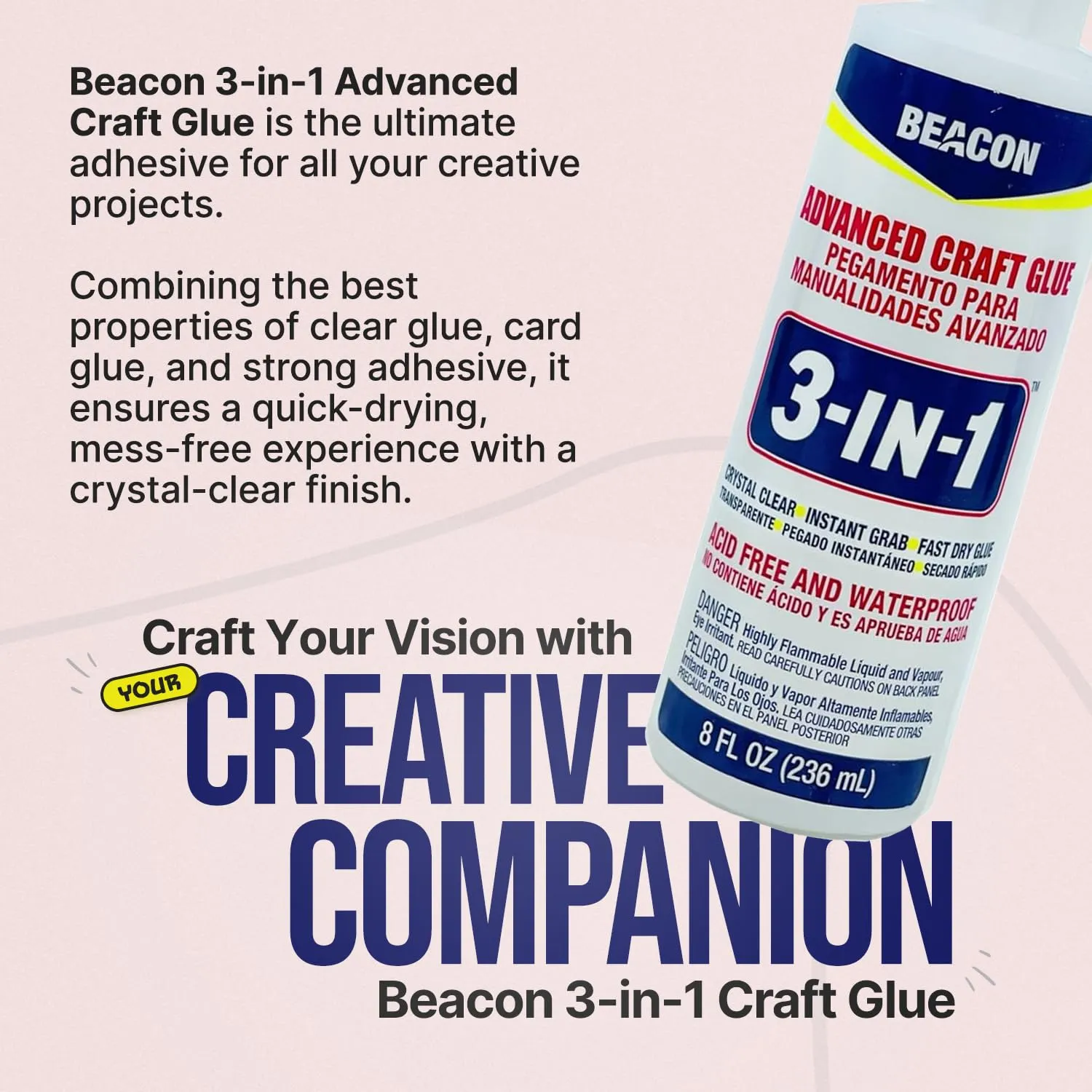BEACON 3-in-1 Advanced Craft Glue - Fast-Drying, Crystal Clear Adhesive for Wood, Ceramics, Fabrics, and More, 8-Ounce