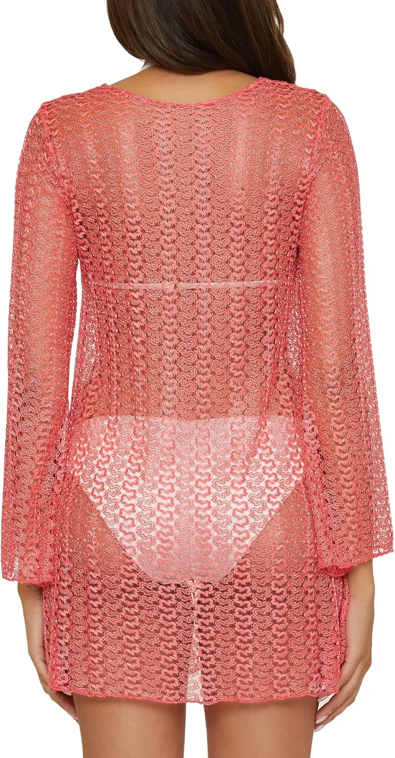 BECCA Golden Crochet Tunic, Casual, Pull On, Sheer, Beach Cover Ups for Women
