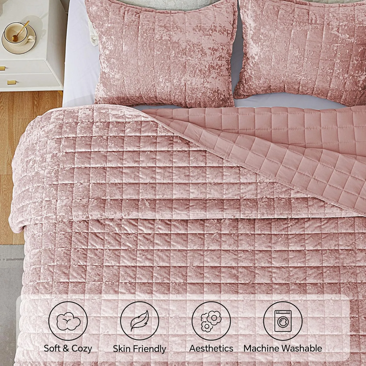 BEDELITE Velvet Quilt Set King Size - Lightweight Luxury Quilted Bedding Set,Soft Cozy Dusty Pink Comforter Set,3 Pieces Oversized Bedspread Coverlet for All Seasons with 2 Pillow Shams