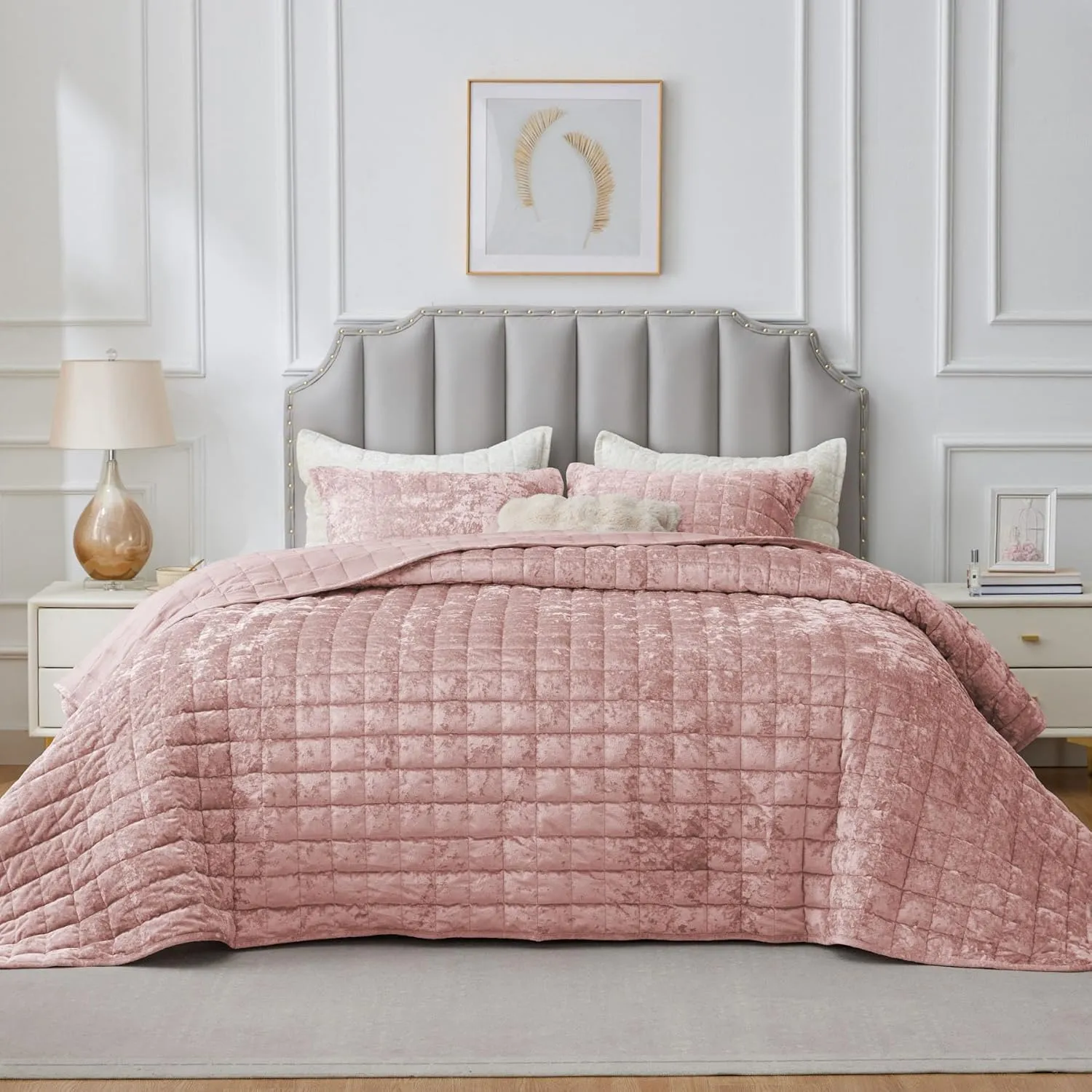 BEDELITE Velvet Quilt Set King Size - Lightweight Luxury Quilted Bedding Set,Soft Cozy Dusty Pink Comforter Set,3 Pieces Oversized Bedspread Coverlet for All Seasons with 2 Pillow Shams