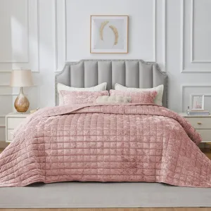 BEDELITE Velvet Quilt Set King Size - Lightweight Luxury Quilted Bedding Set,Soft Cozy Dusty Pink Comforter Set,3 Pieces Oversized Bedspread Coverlet for All Seasons with 2 Pillow Shams