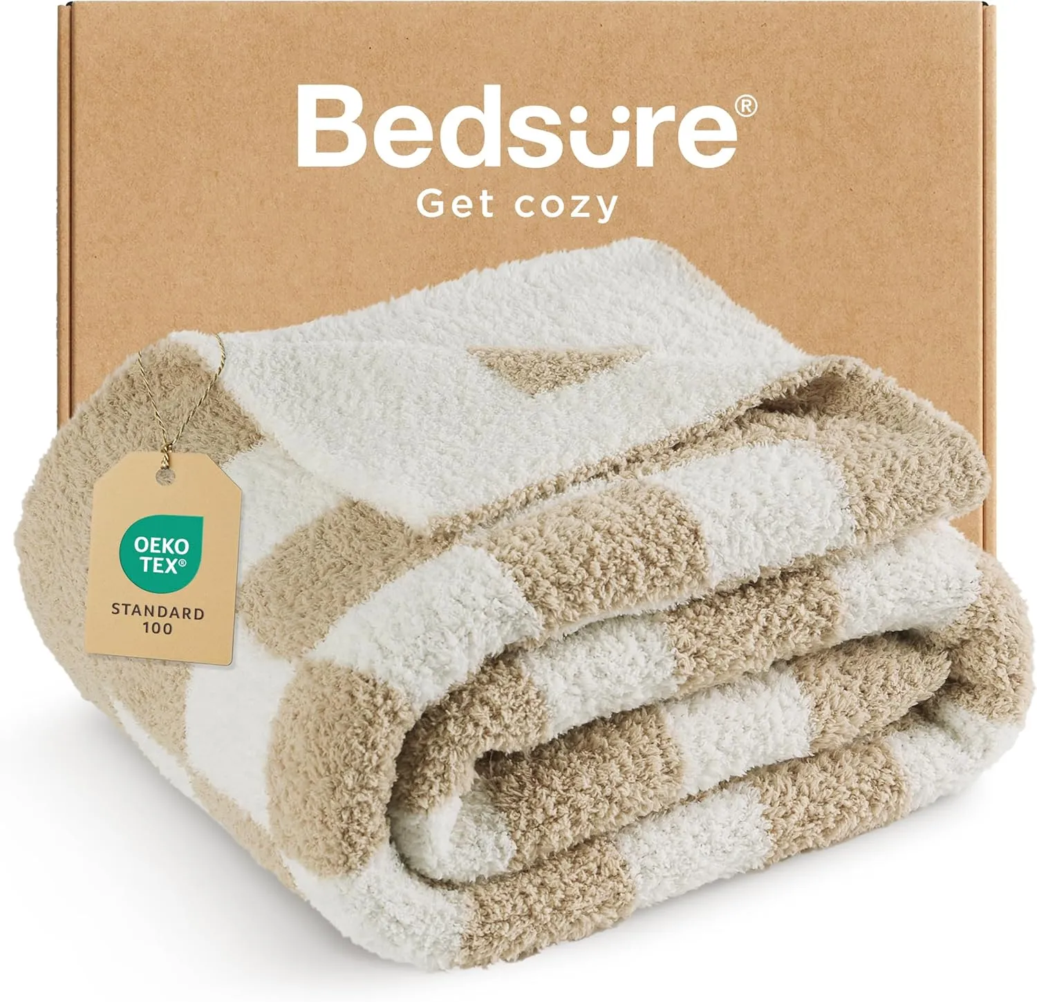 Bedsure Checkered Throw Blanket for Couch - Super Soft, Cozy & Warm Knit Blanket, Breathable, Lightweight & Fluffy for Bed & Sofa, Checkered Beige, 50x60 Inches