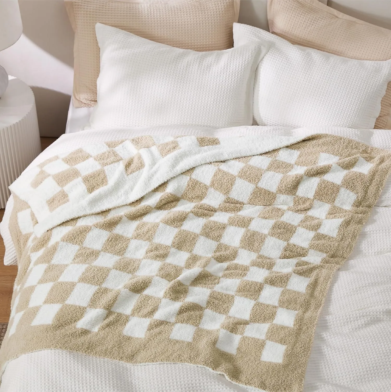 Bedsure Checkered Throw Blanket for Couch - Super Soft, Cozy & Warm Knit Blanket, Breathable, Lightweight & Fluffy for Bed & Sofa, Checkered Beige, 50x60 Inches