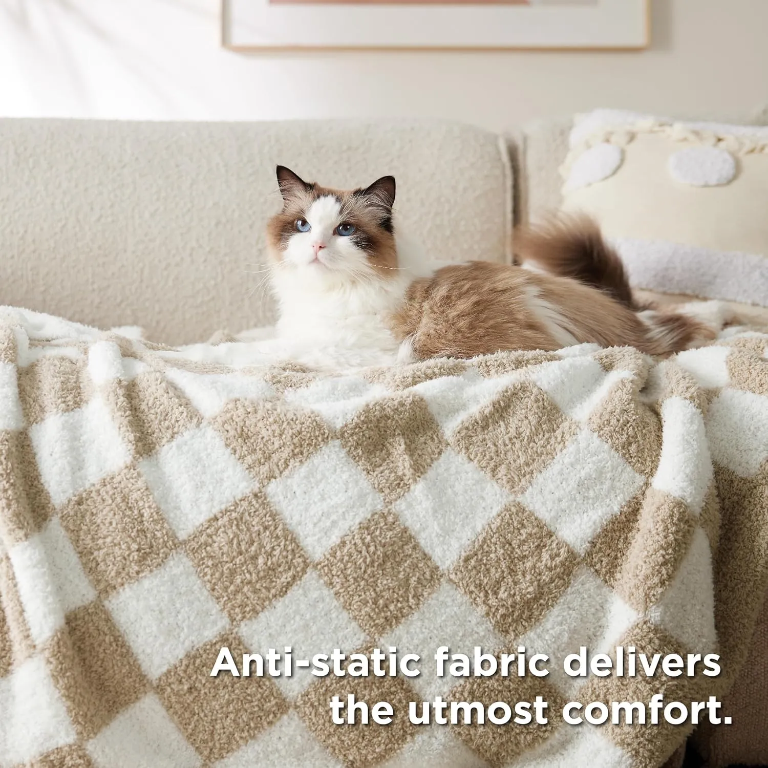Bedsure Checkered Throw Blanket for Couch - Super Soft, Cozy & Warm Knit Blanket, Breathable, Lightweight & Fluffy for Bed & Sofa, Checkered Beige, 50x60 Inches