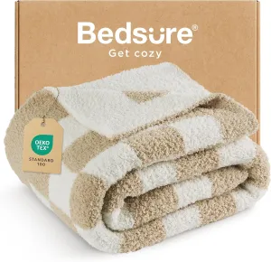 Bedsure Checkered Throw Blanket for Couch - Super Soft, Cozy & Warm Knit Blanket, Breathable, Lightweight & Fluffy for Bed & Sofa, Checkered Beige, 50x60 Inches
