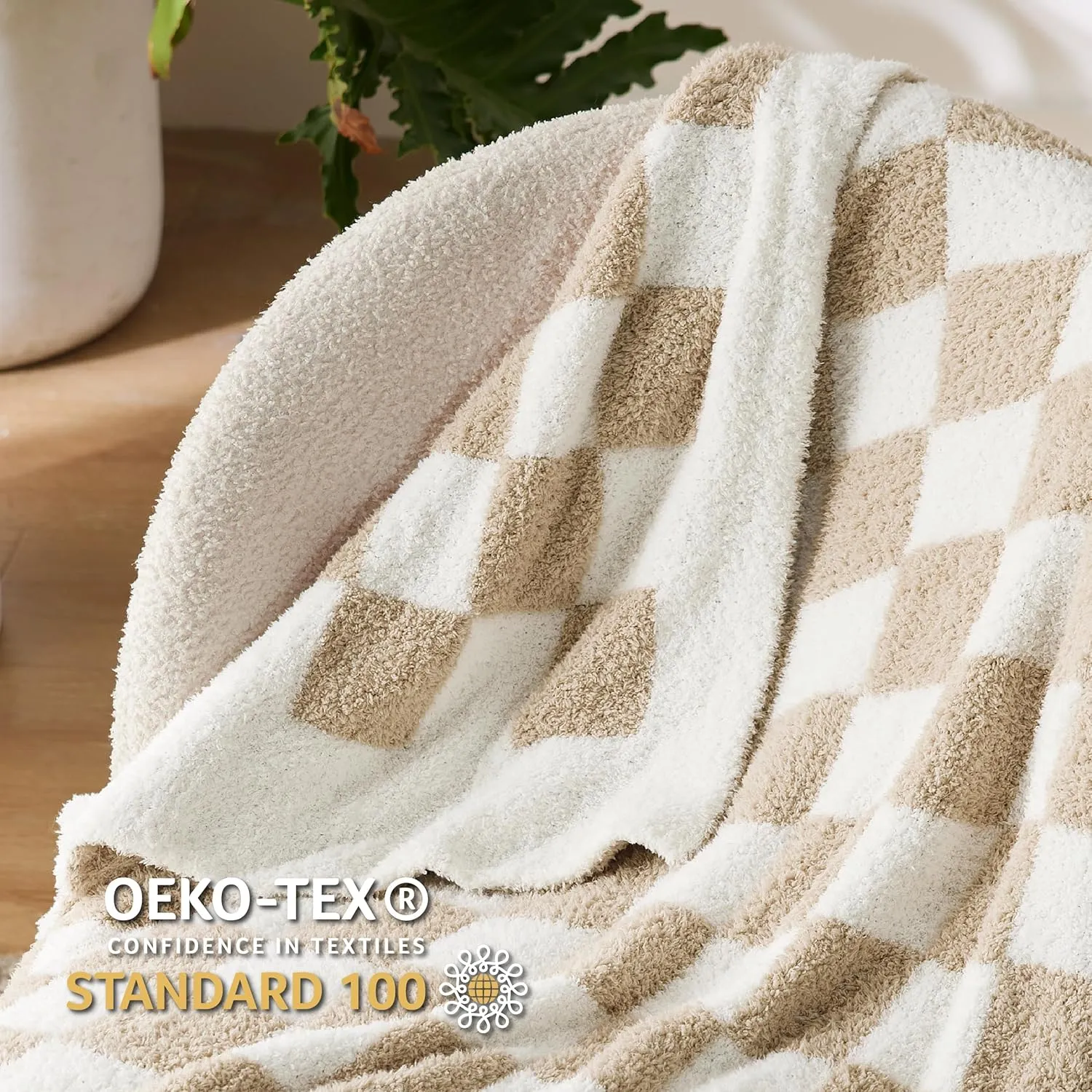 Bedsure Checkered Throw Blanket for Couch - Super Soft, Cozy & Warm Knit Blanket, Breathable, Lightweight & Fluffy for Bed & Sofa, Checkered Beige, 50x60 Inches