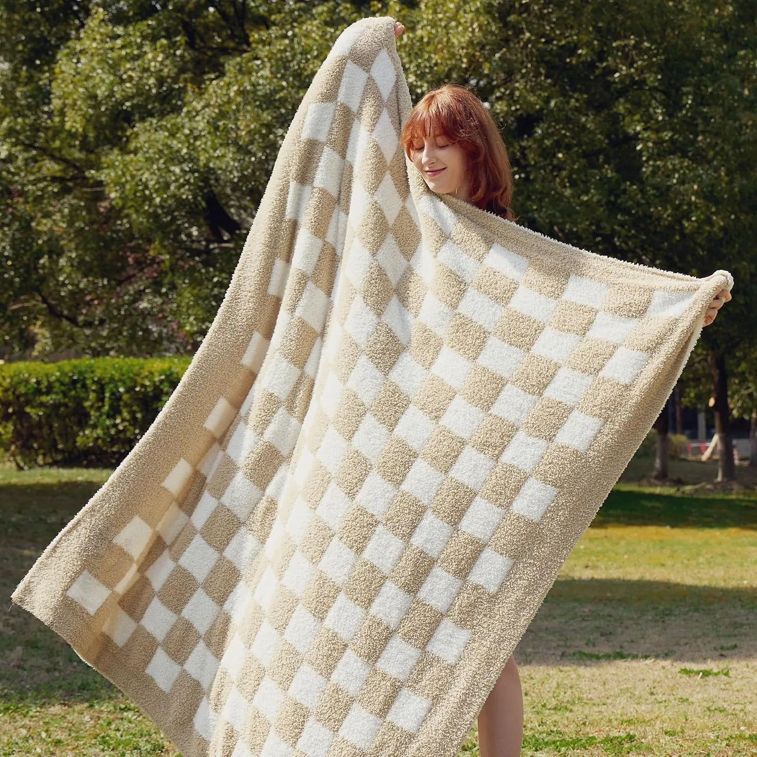 Bedsure Checkered Throw Blanket for Couch - Super Soft, Cozy & Warm Knit Blanket, Breathable, Lightweight & Fluffy for Bed & Sofa, Checkered Beige, 50x60 Inches