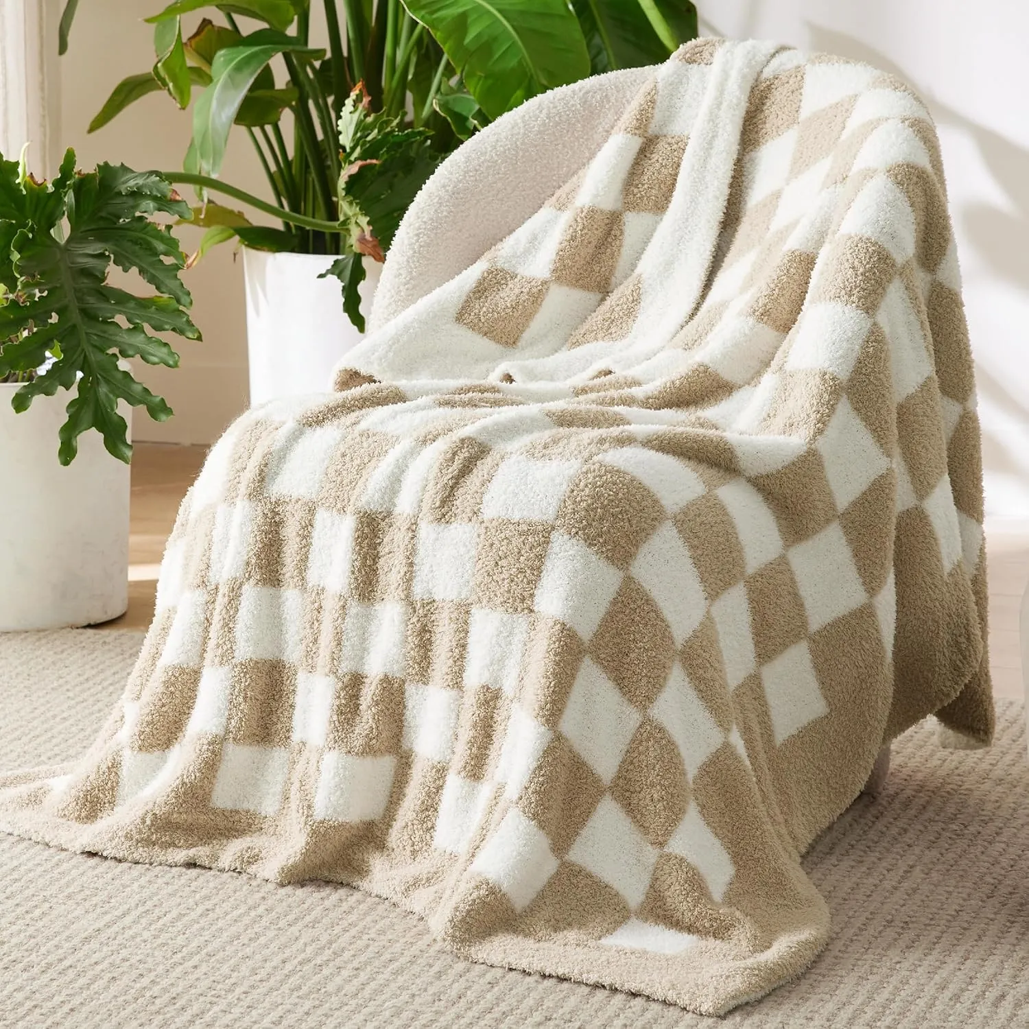 Bedsure Checkered Throw Blanket for Couch - Super Soft, Cozy & Warm Knit Blanket, Breathable, Lightweight & Fluffy for Bed & Sofa, Checkered Beige, 50x60 Inches