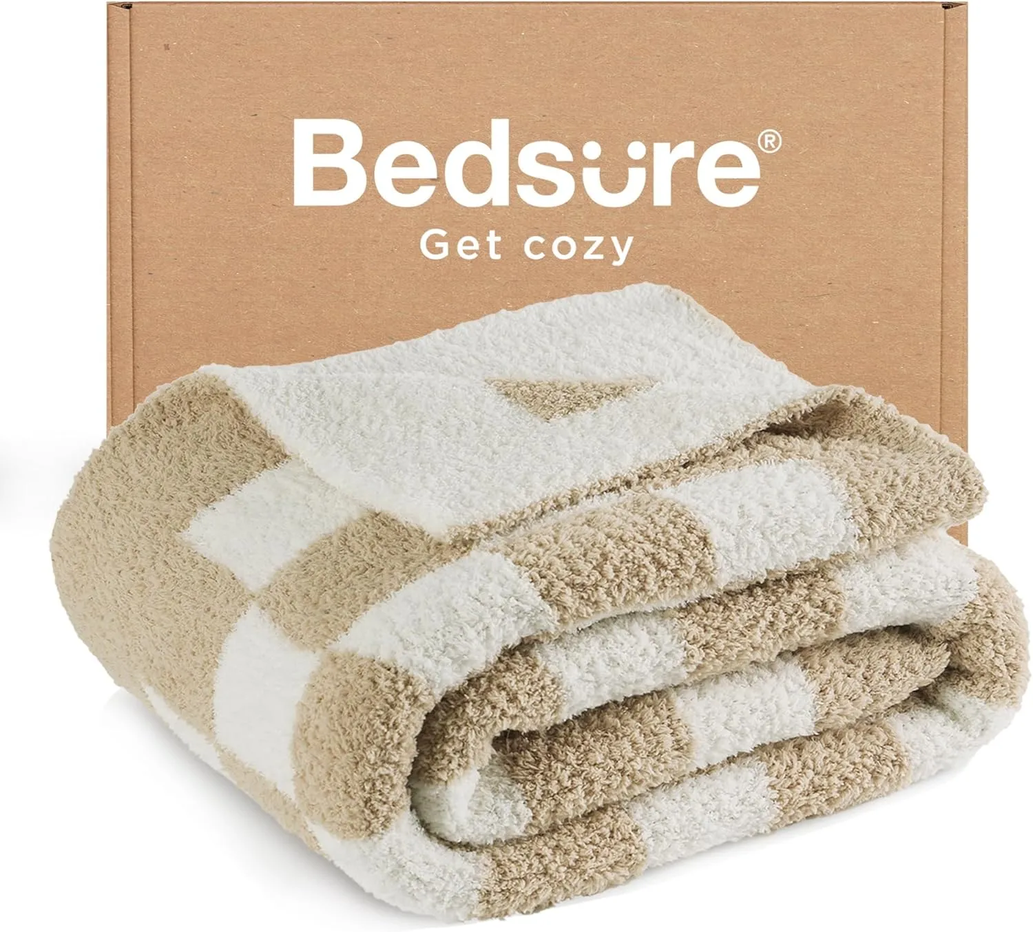 Bedsure Checkered Throw Blanket for Couch - Super Soft, Cozy & Warm Knit Blanket, Breathable, Lightweight & Fluffy for Bed & Sofa, Checkered Beige, 50x60 Inches