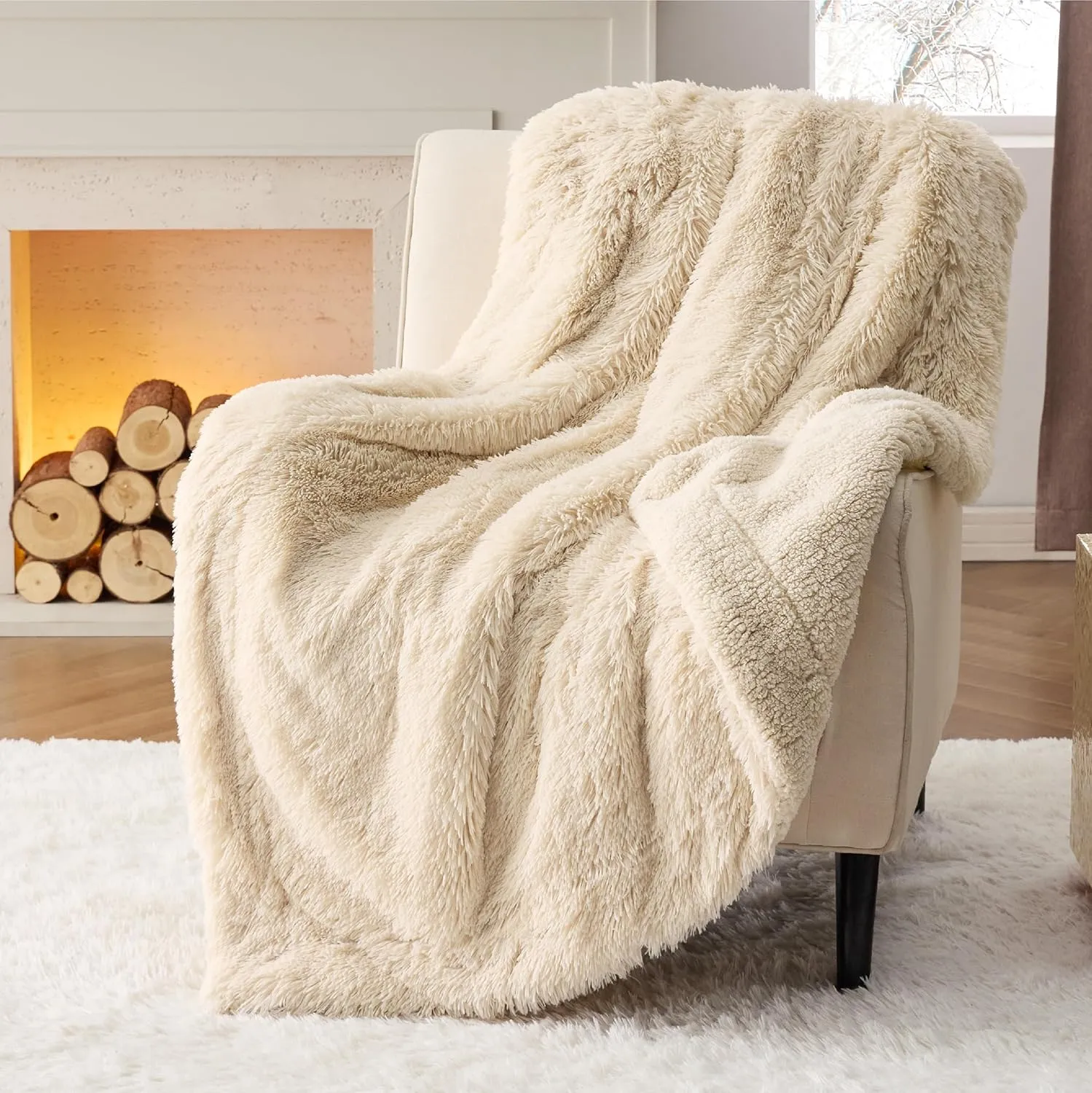Bedsure Fluffy Beige Throw Blanket Gifts for Women, Kids, Soft Fleece Cozy Fuzzy Sherpa Plush Warm Minky Thick Faux Fur Throws for Couch, Bed, Beige Decor House Blanket Gifts for Mom Dad, 50x60